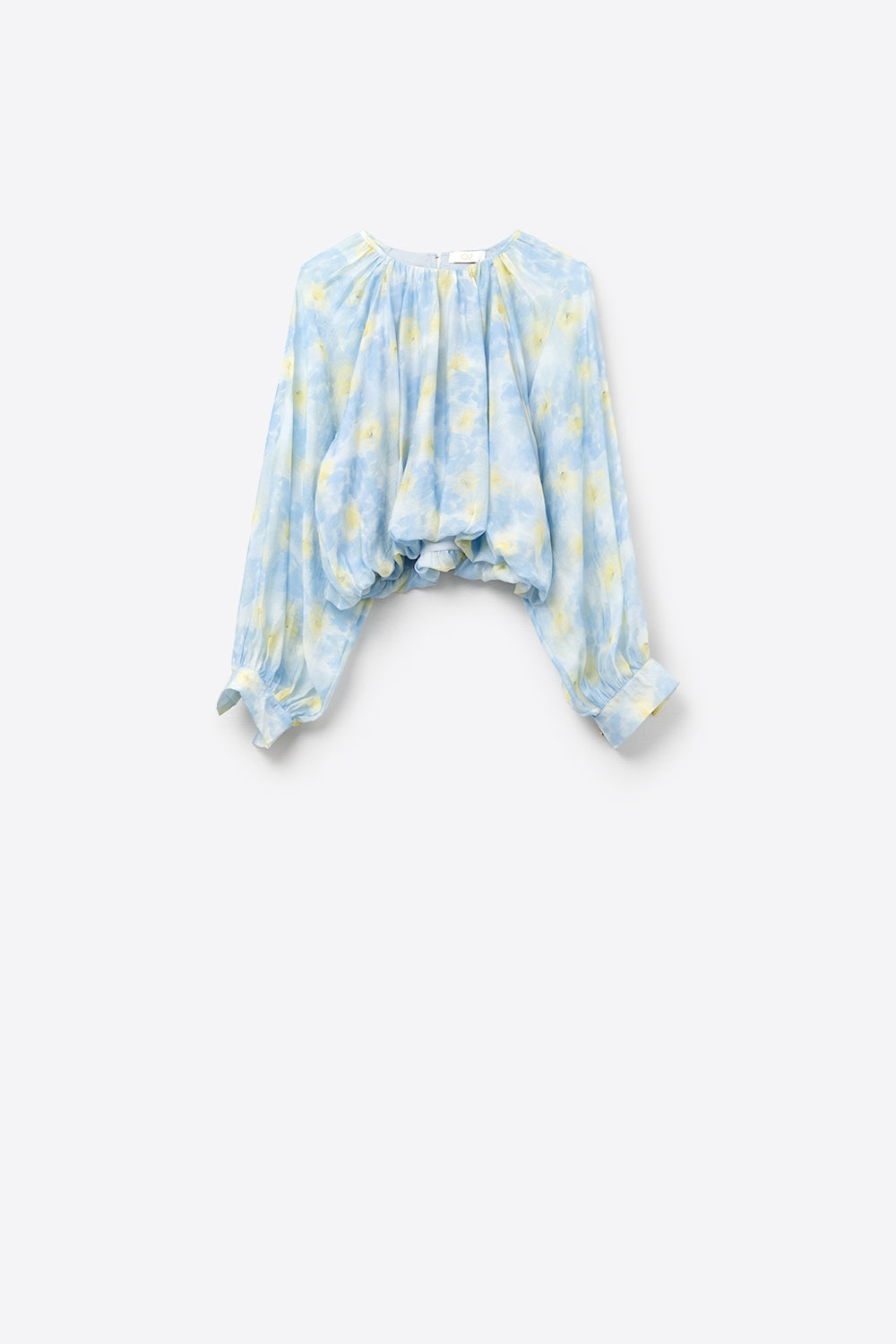 Blue printed chiffon blouse with balloon sleeves