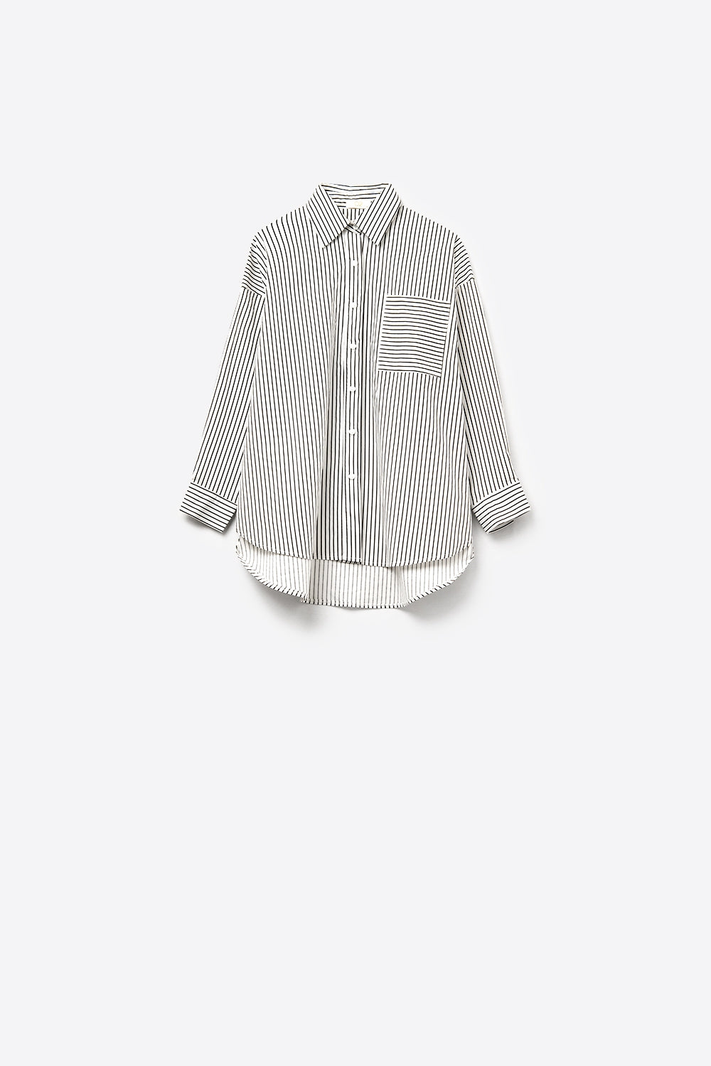 High-Low Oversized Striped Shirt With Chest Pocket in Black and White