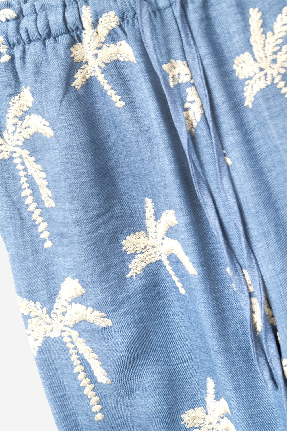 Blue Wide-Leg Trousers with beige Palm Tree Embroidery