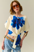 Cropped white Blouse With Tropical Floral Print in Blue