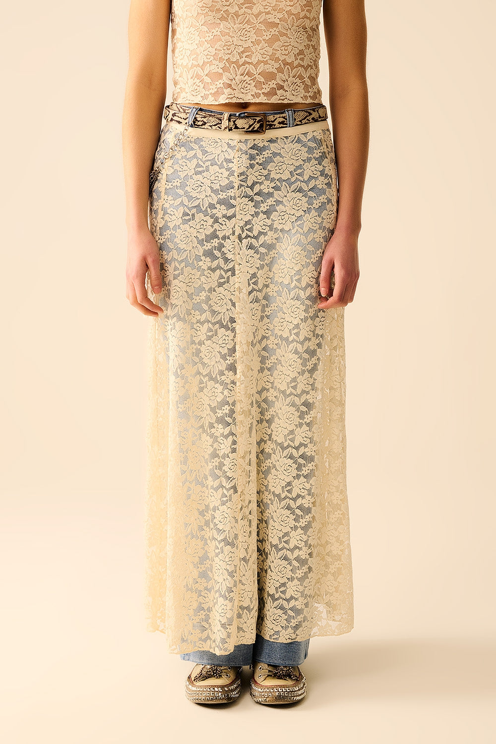 Beige Lace maxi Skirt With Floral design