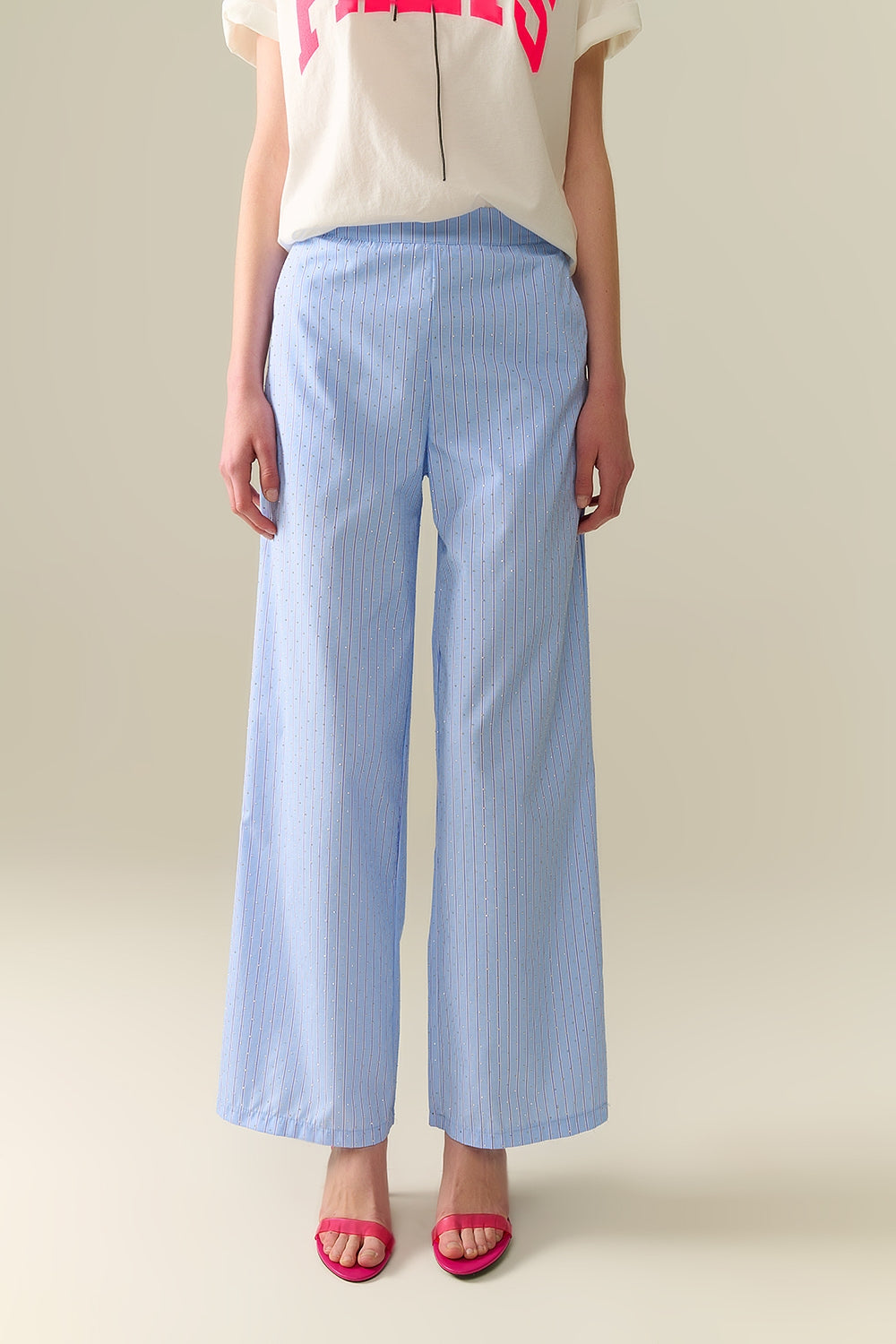 Blue Striped wide Leg Pants With strass Embellishment