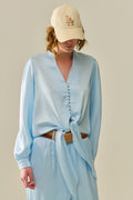 Cropped buttoned Shirt In Blue Featuring knot