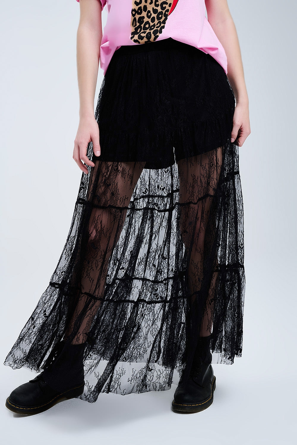 Maxi Black Lace Skirt with Floral Print