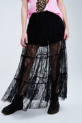 Maxi Black Lace Skirt with Floral Print