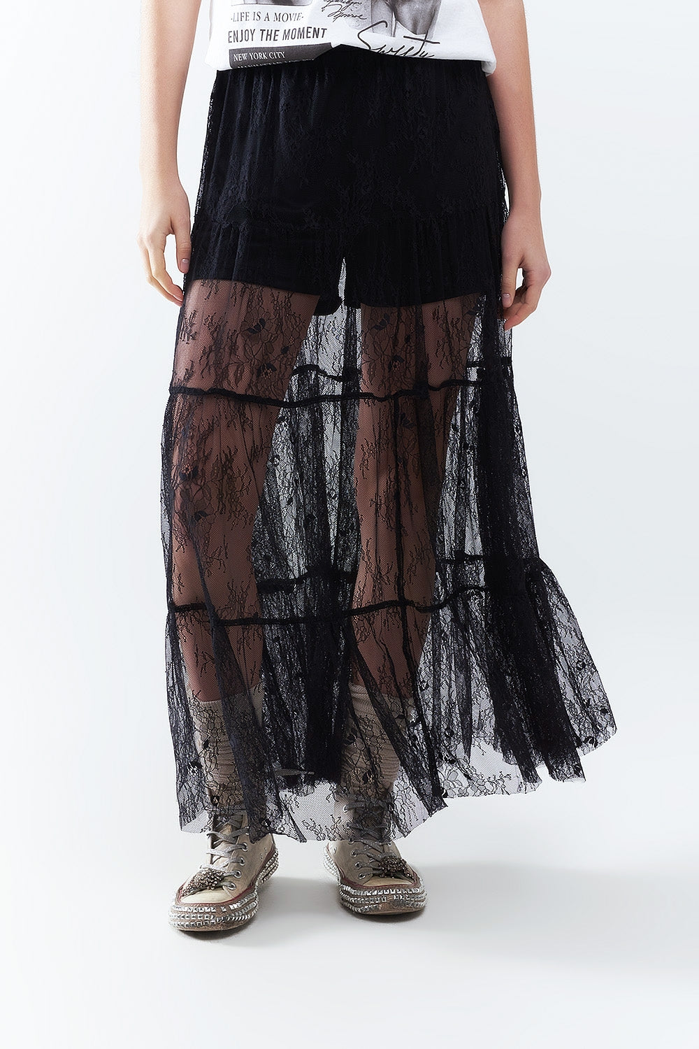 Maxi Black Lace Skirt with Floral Print