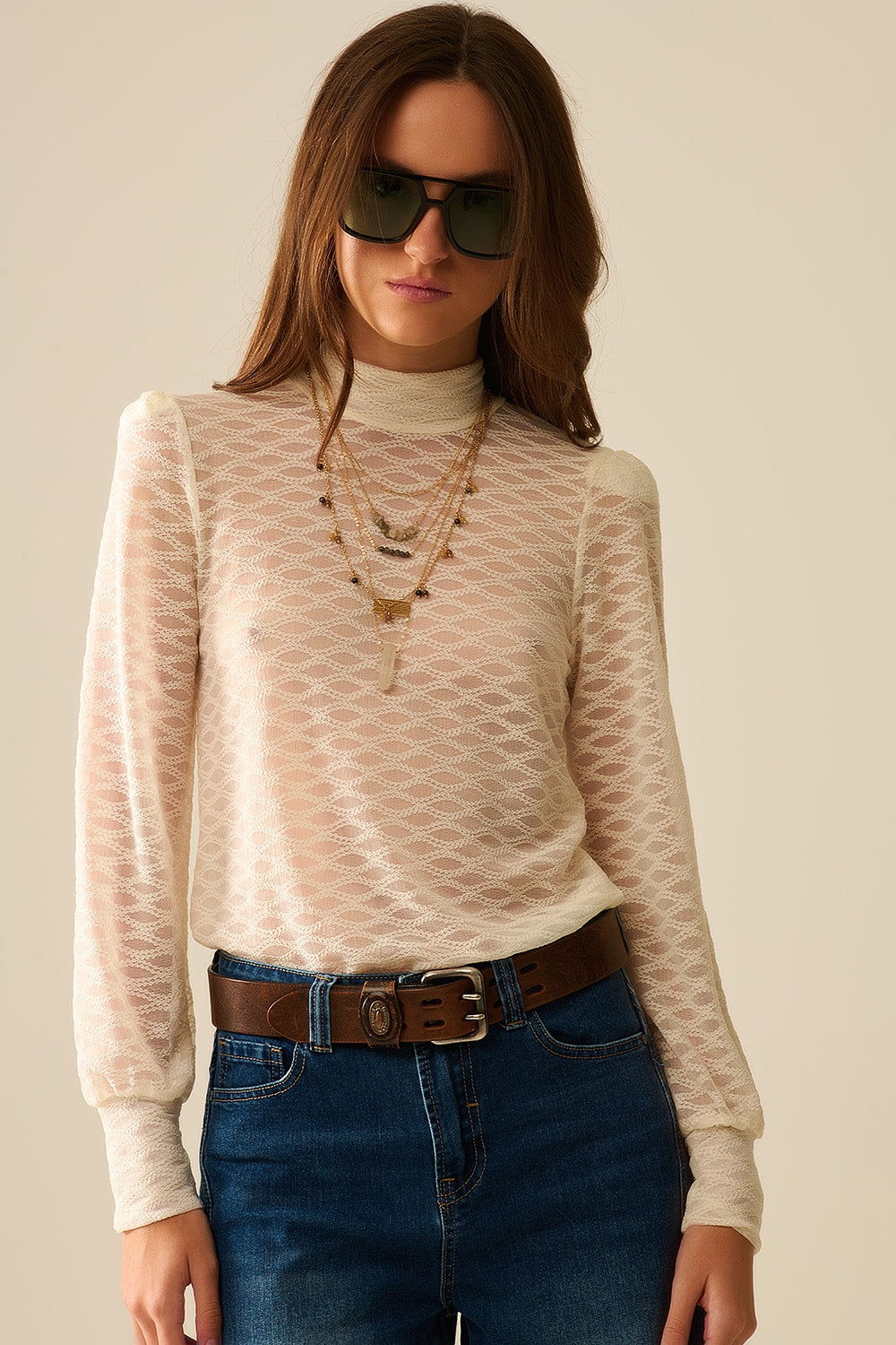 Beige Sheer Lace Turtleneck Top with Puff Shoulders