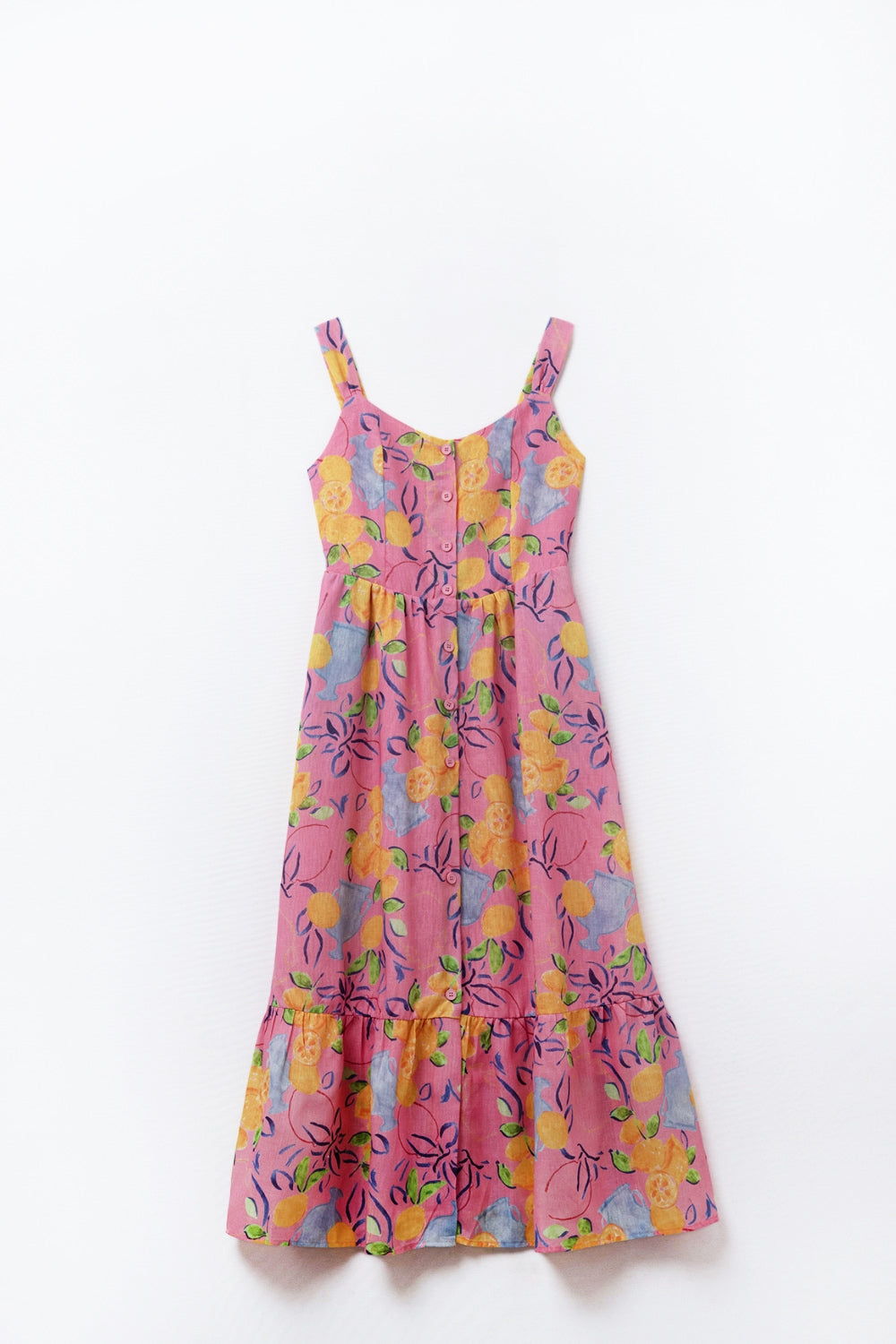 Pink Sleeveless maxi Dress with Lemon Print