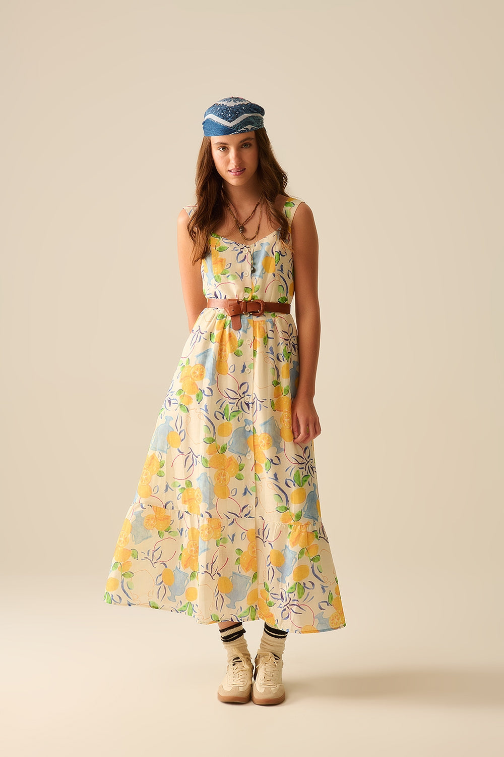 white maxi strapless dress with lemon print
