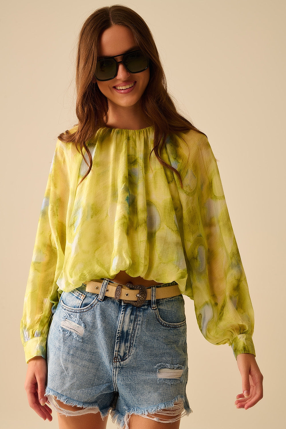 green printed chiffon blouse with balloon sleeves