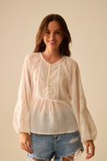white chiffon blouse with embroidery on the sleeves