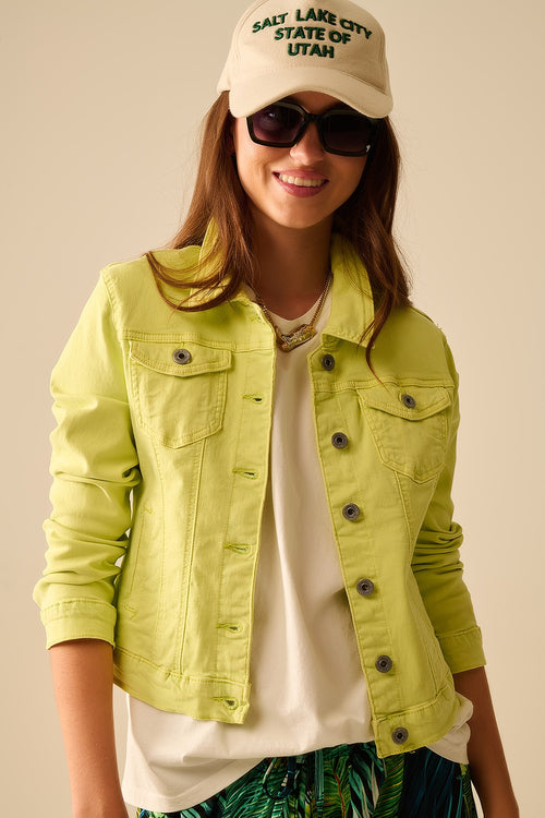 Basic Denim elastic Jacket With Pockets in lime — view 1 of 6