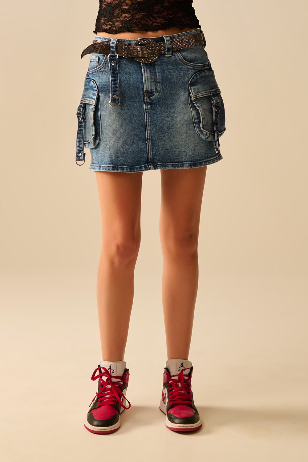 Cargo mini Denim Skirt with Hanging Details