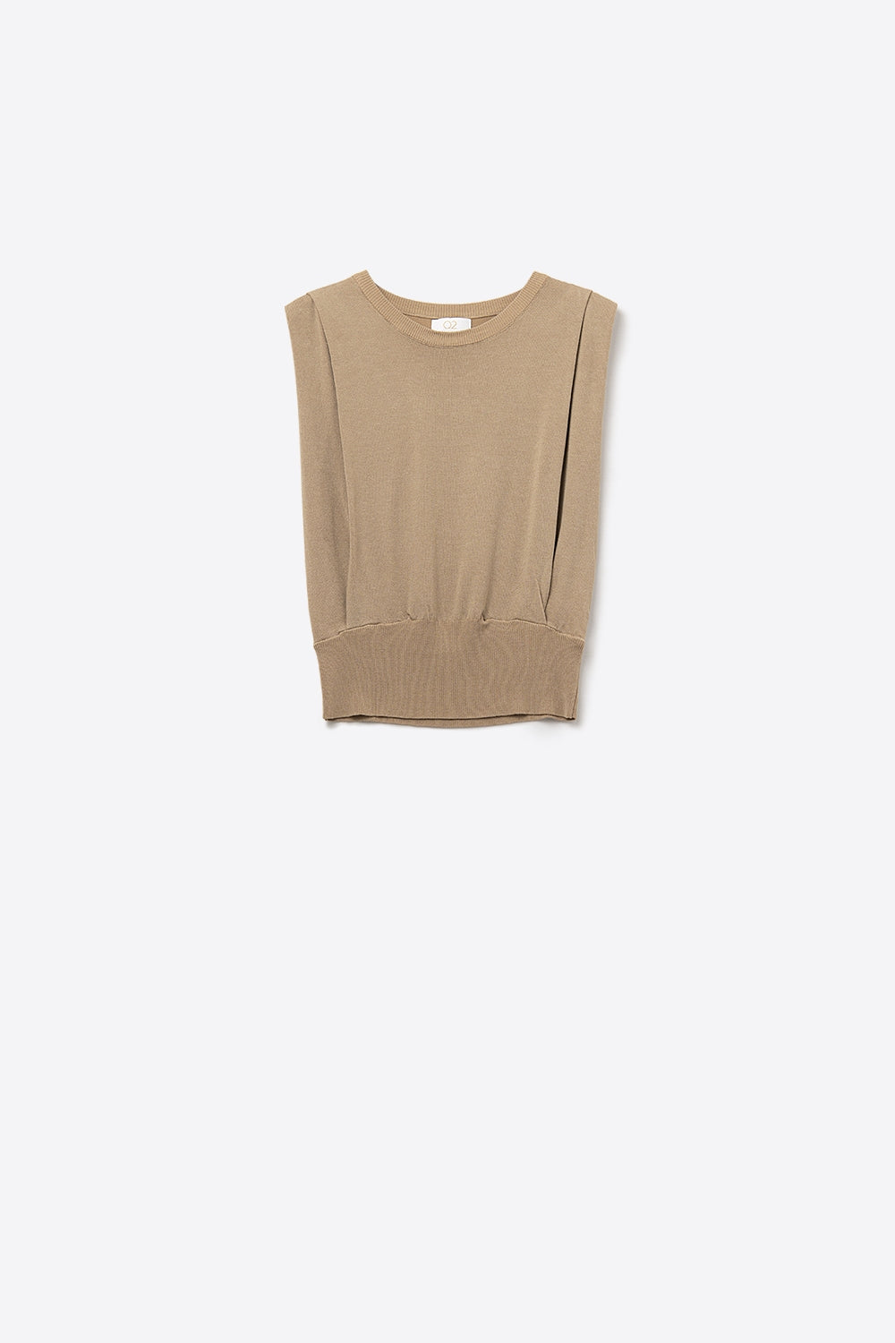 UNIKCOSA Sleeveless knit top with draped shoulders in camel