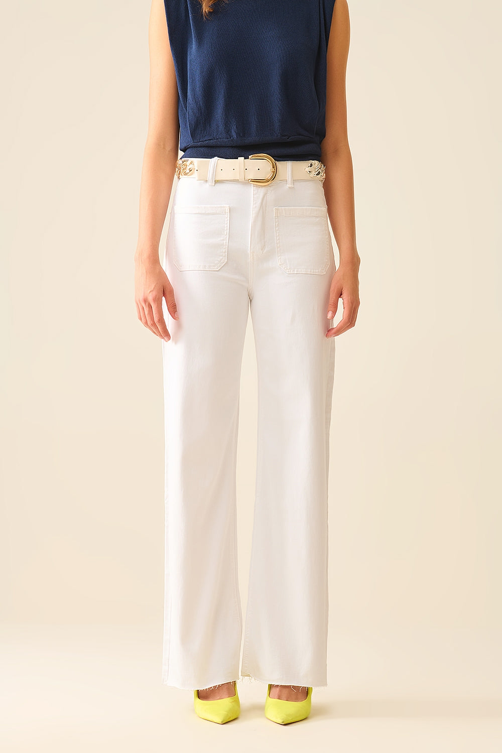 White Straight Leg pants With Front Pockets