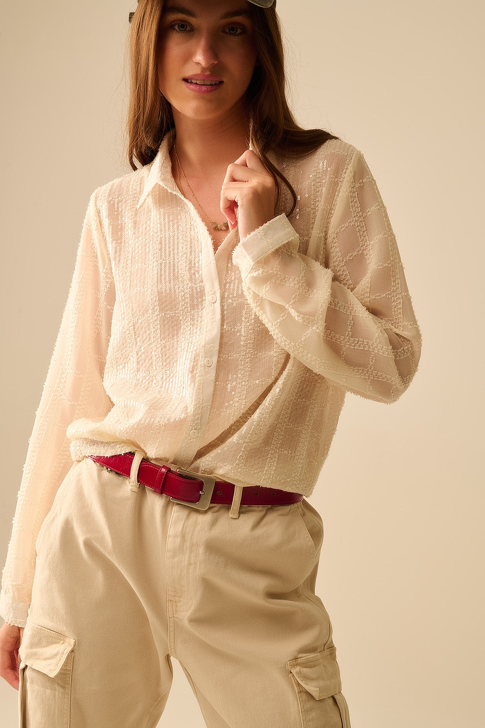 beige chiffon shirt with sequin detail