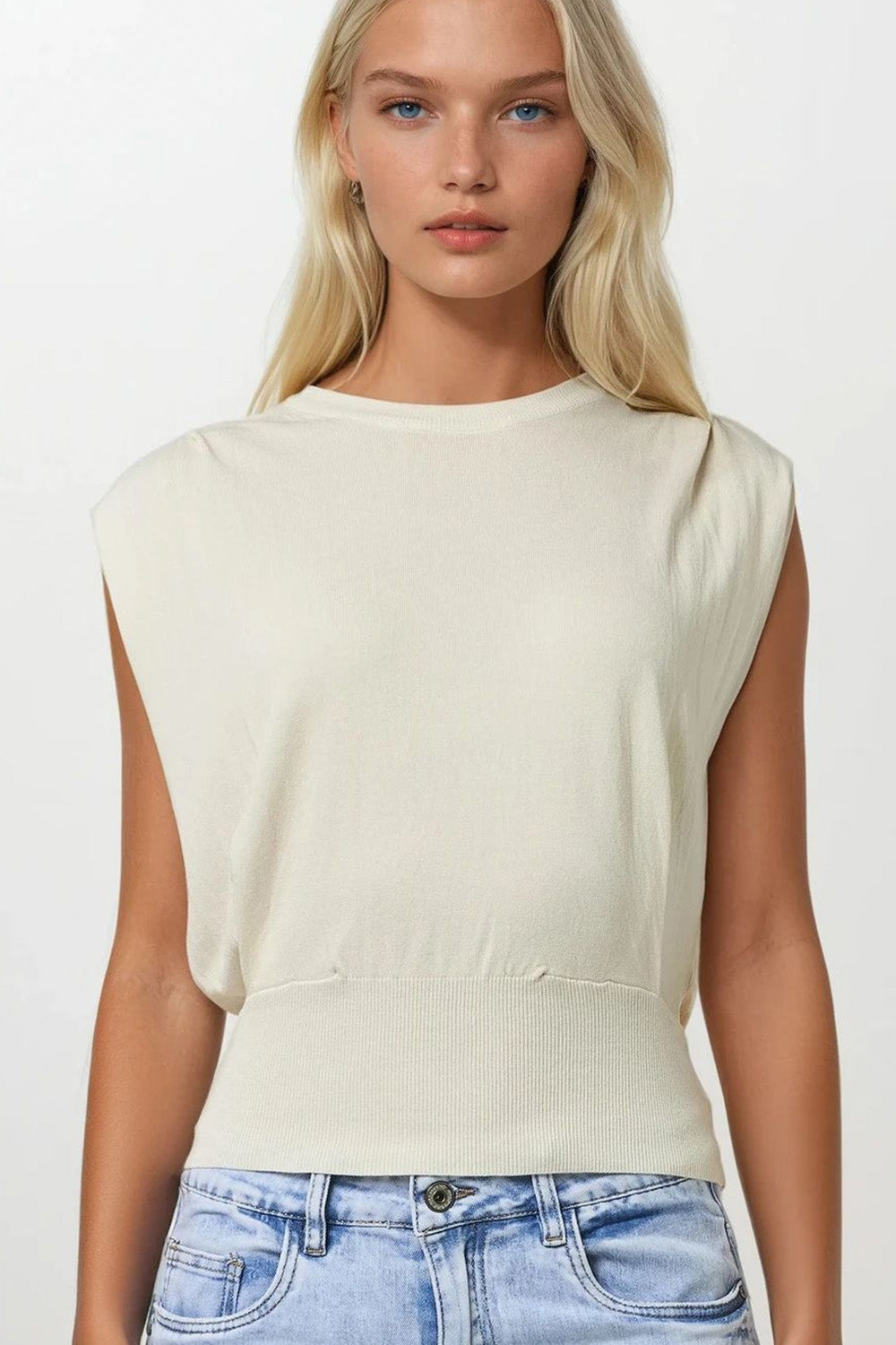 UNIKCOSA Sleeveless Knited Top With Shoulder Drape in Beige