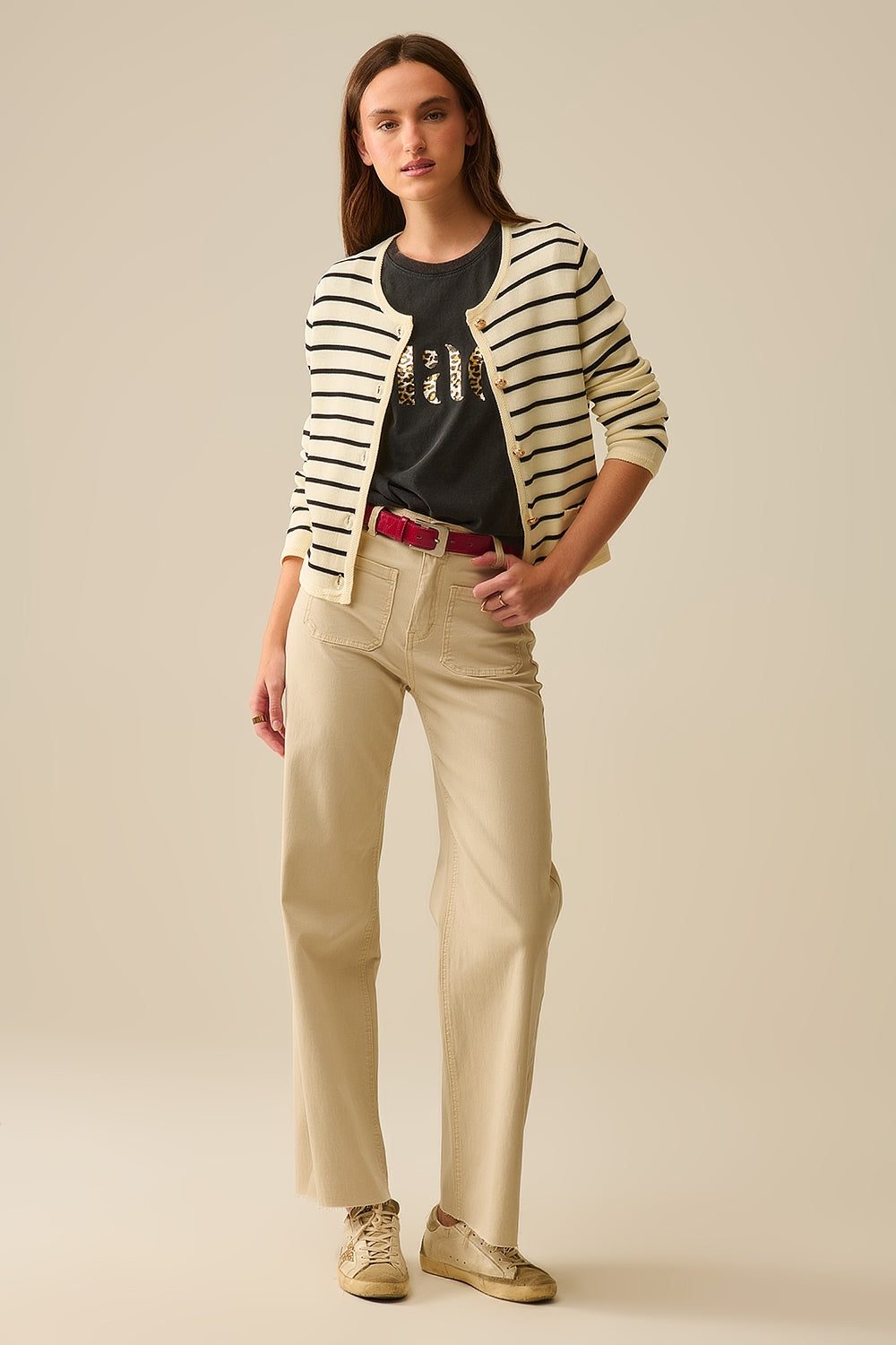 Cream Cardigan with Black Stripes and Gold Buttons