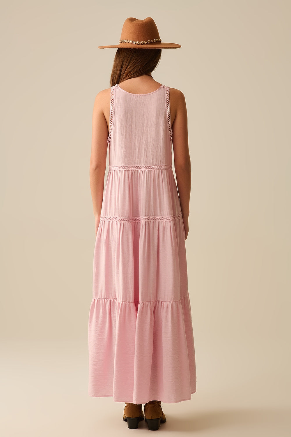 Pink Maxi Dress With Lace Details and boho style