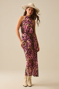 Crossed halter Neck Midi Dress in Pink and Black Animal Print