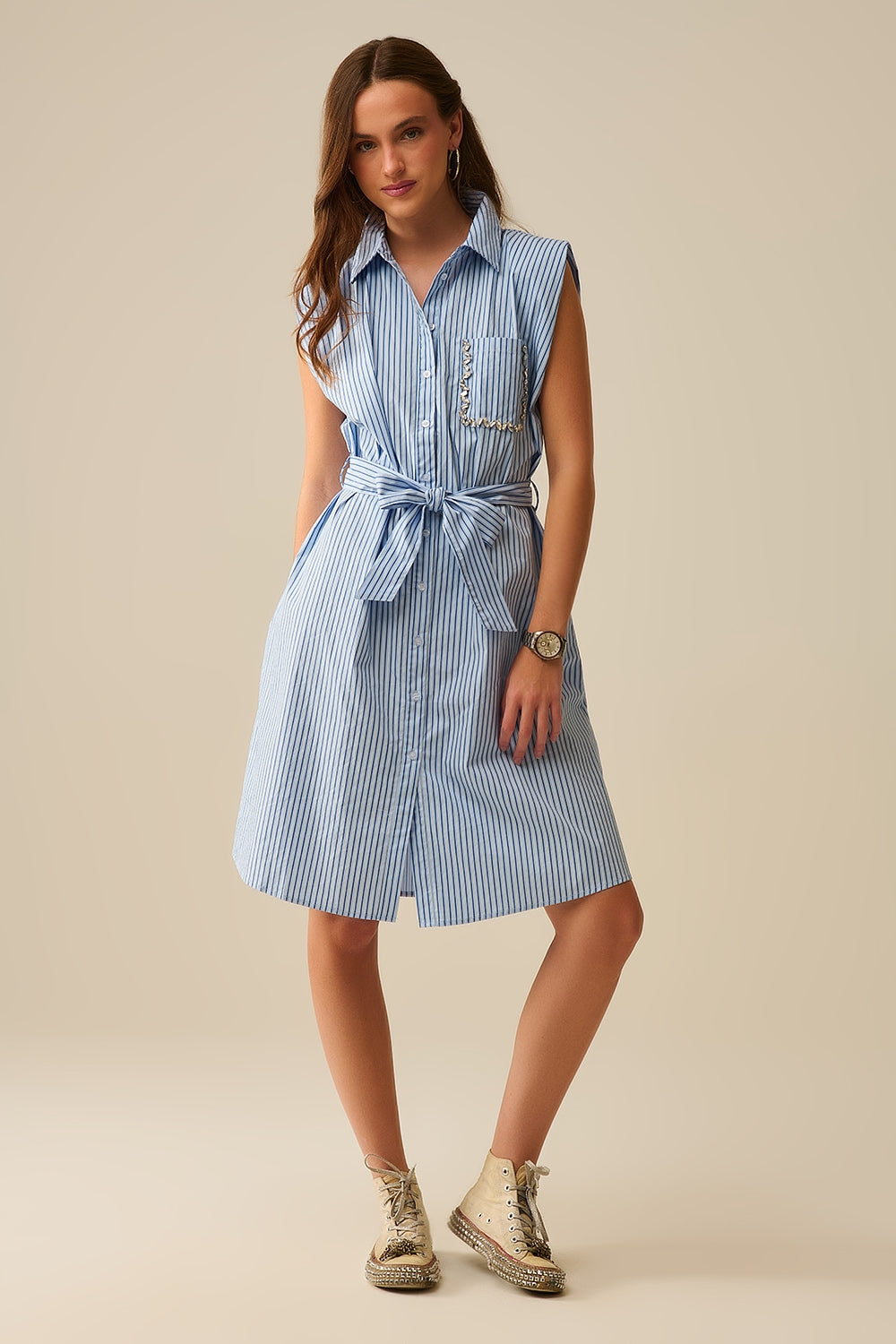 Sleeveless Shirt Dress With Belt And Embroidered Pocket