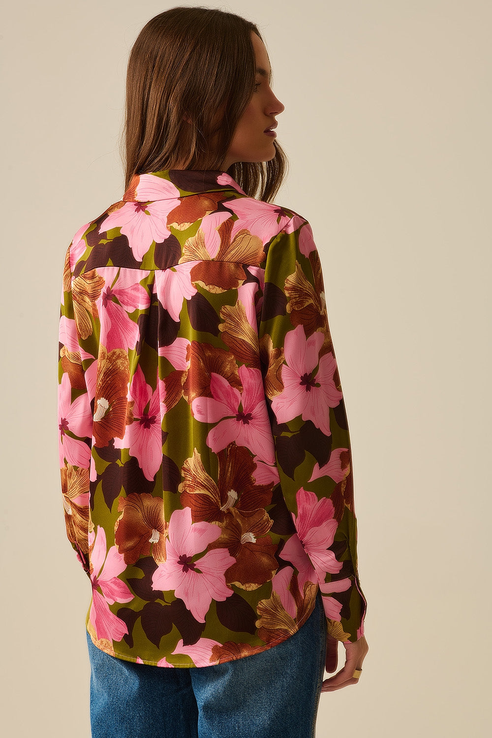 Satin Finish Tropical Floral Shirt in Olive Green