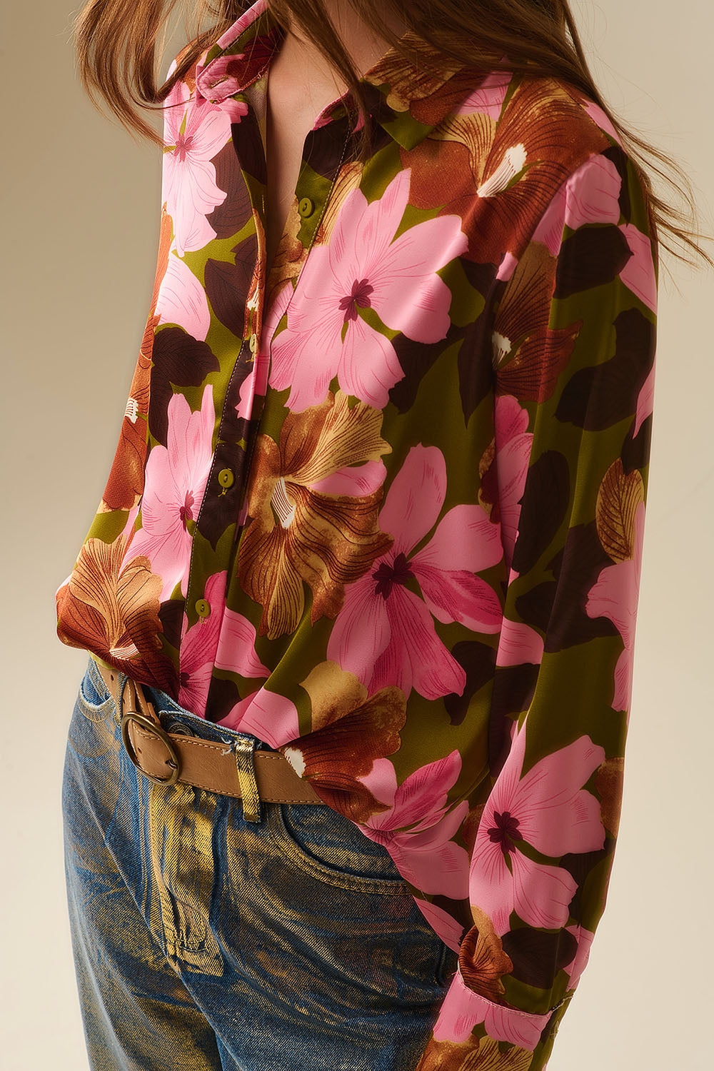 Satin Finish Tropical Floral Shirt in Olive Green