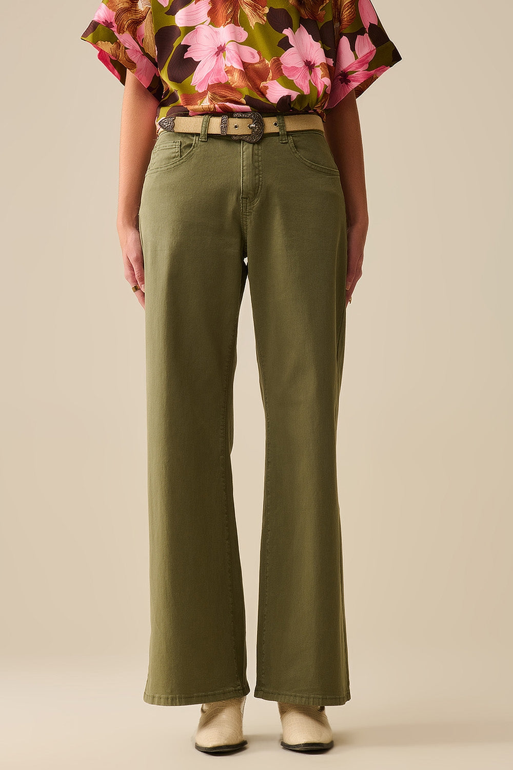 Green Straight Pants wide leg