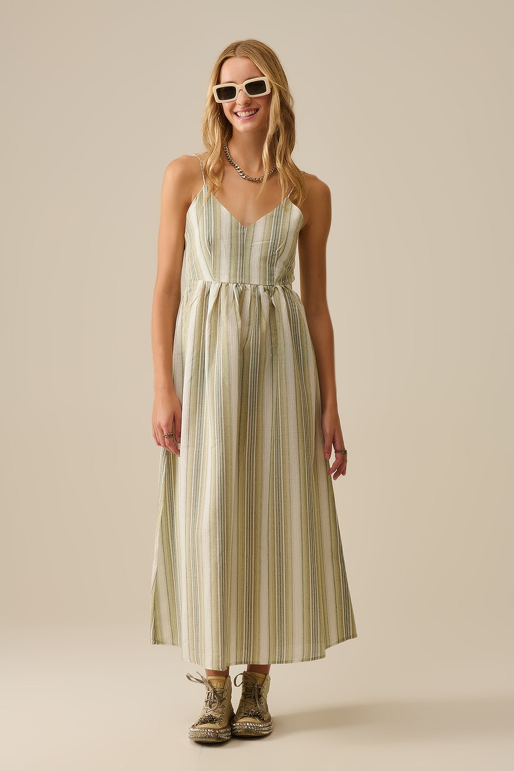 Striped V-Neck Strappy Dress in Green