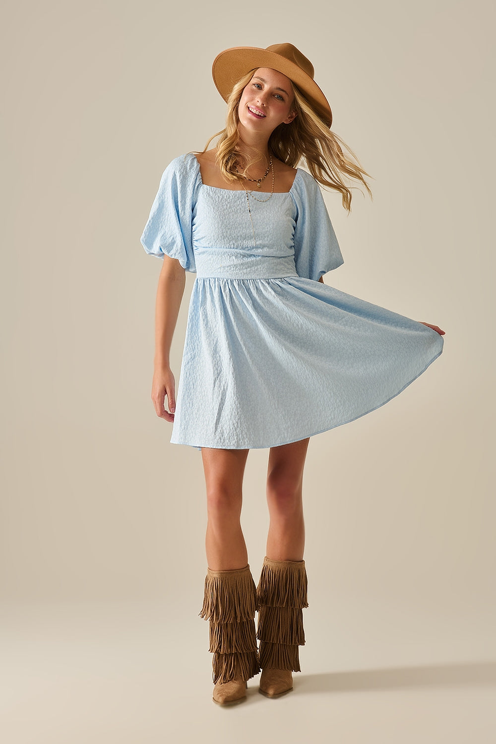 Puff Sleeve Textured Mini Dress in Light Blue