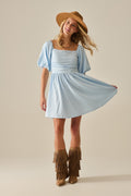 Puff Sleeve Textured Mini Dress in Light Blue