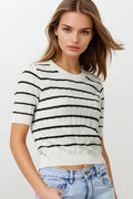 White Openwork Knit Top with Short Sleeves and Black Stripes
