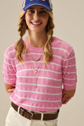 Pink Openwork Knit Top with Short Sleeves and White Stripes