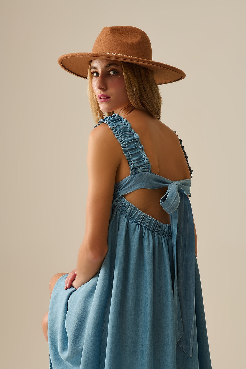 Light Blue maxi Dress with Ruffled Straps in tencel fabric
