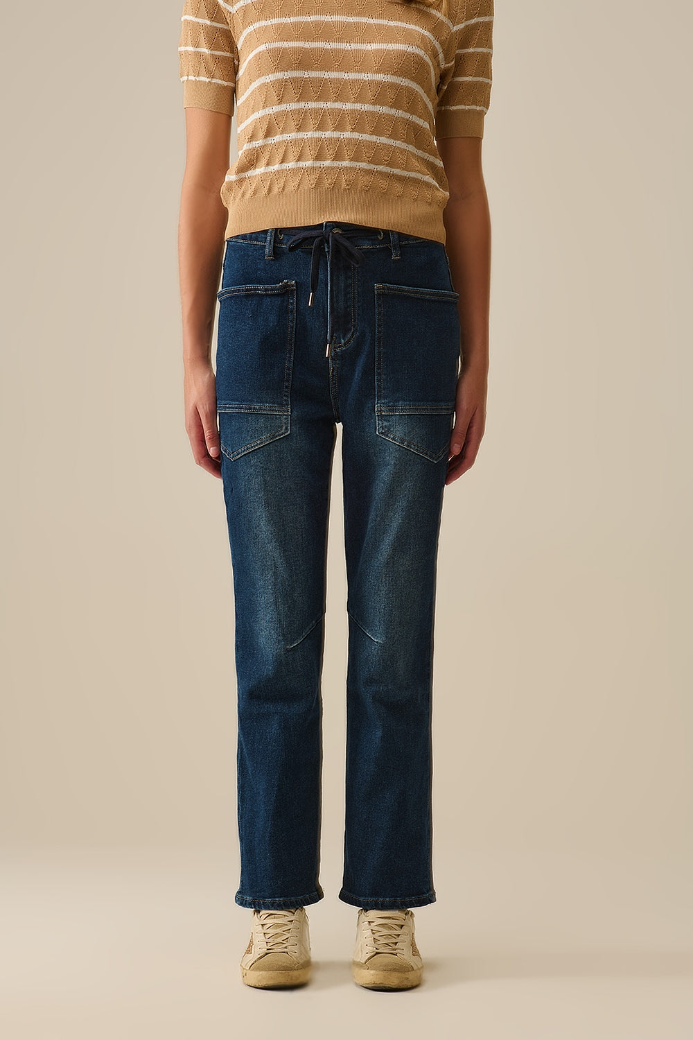 Drawstring Waist Wide-Leg Jeans in Dark wash
