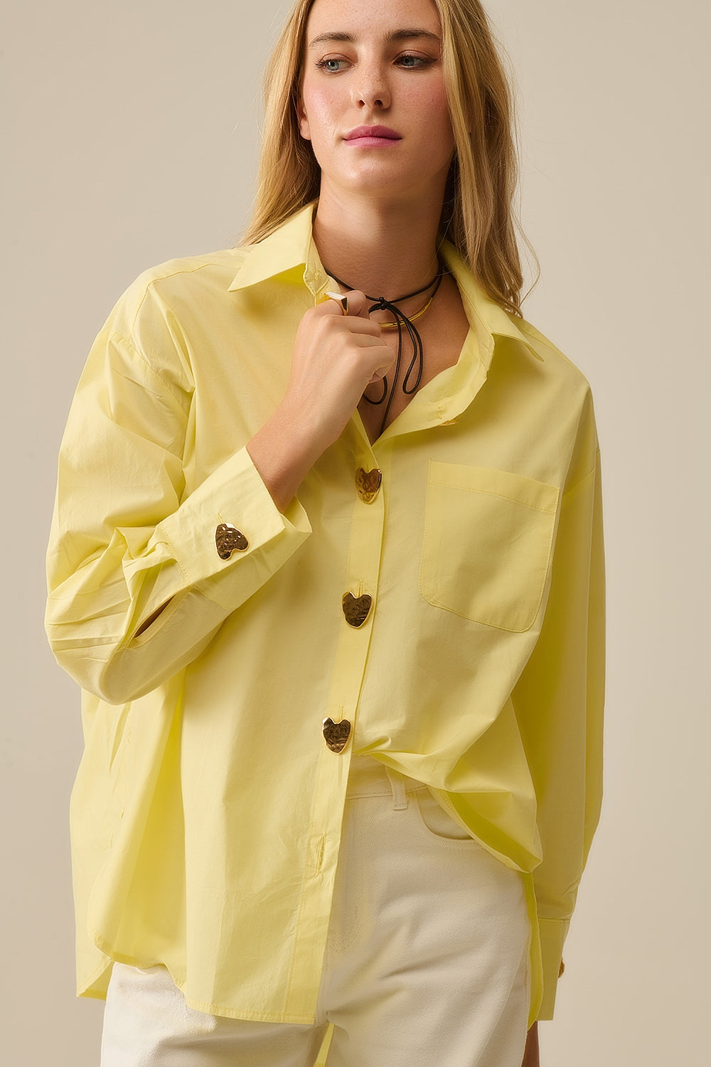 UNIKCOSA Relaxed Poplin Shirt With Gold Heart Buttons in yellow