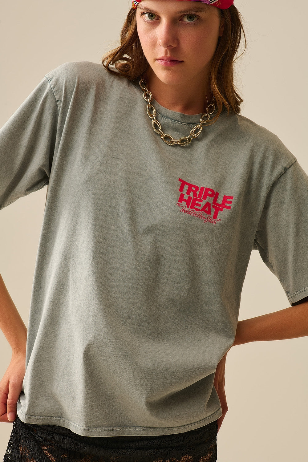 Washed grey relaxed fit Short Sleeve TRIPLE HEAT LOGO T-shirt