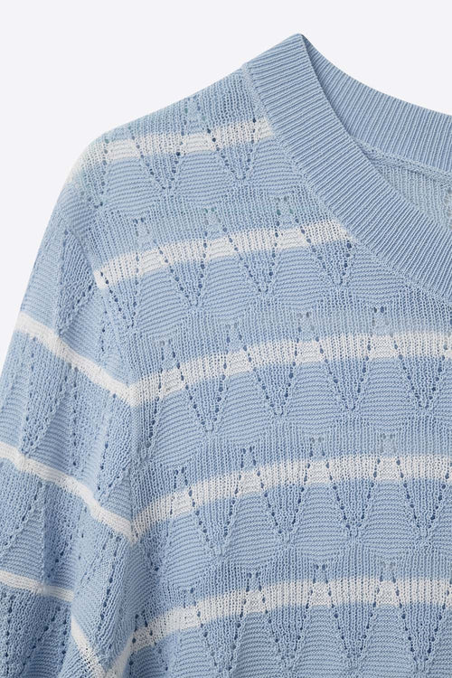 baby Blue Openwork Knit Top with Short Sleeves and White Stripes