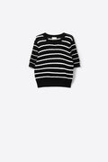 Black Openwork Knit Top with Short Sleeves and White Stripes