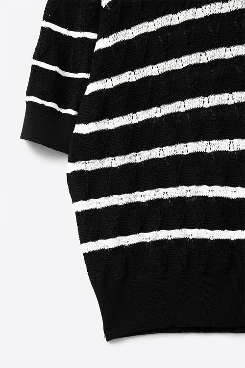 Black Openwork Knit Top with Short Sleeves and White Stripes — view 2 of 2
