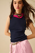 Sleeveless Ribbed knitted Top In navy