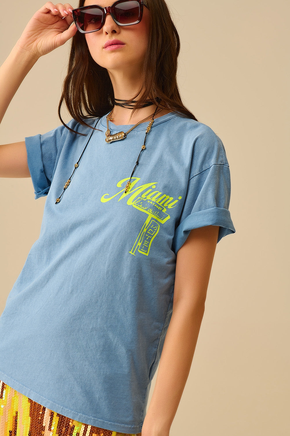 blue T-shirt with Miami logo print in yellow