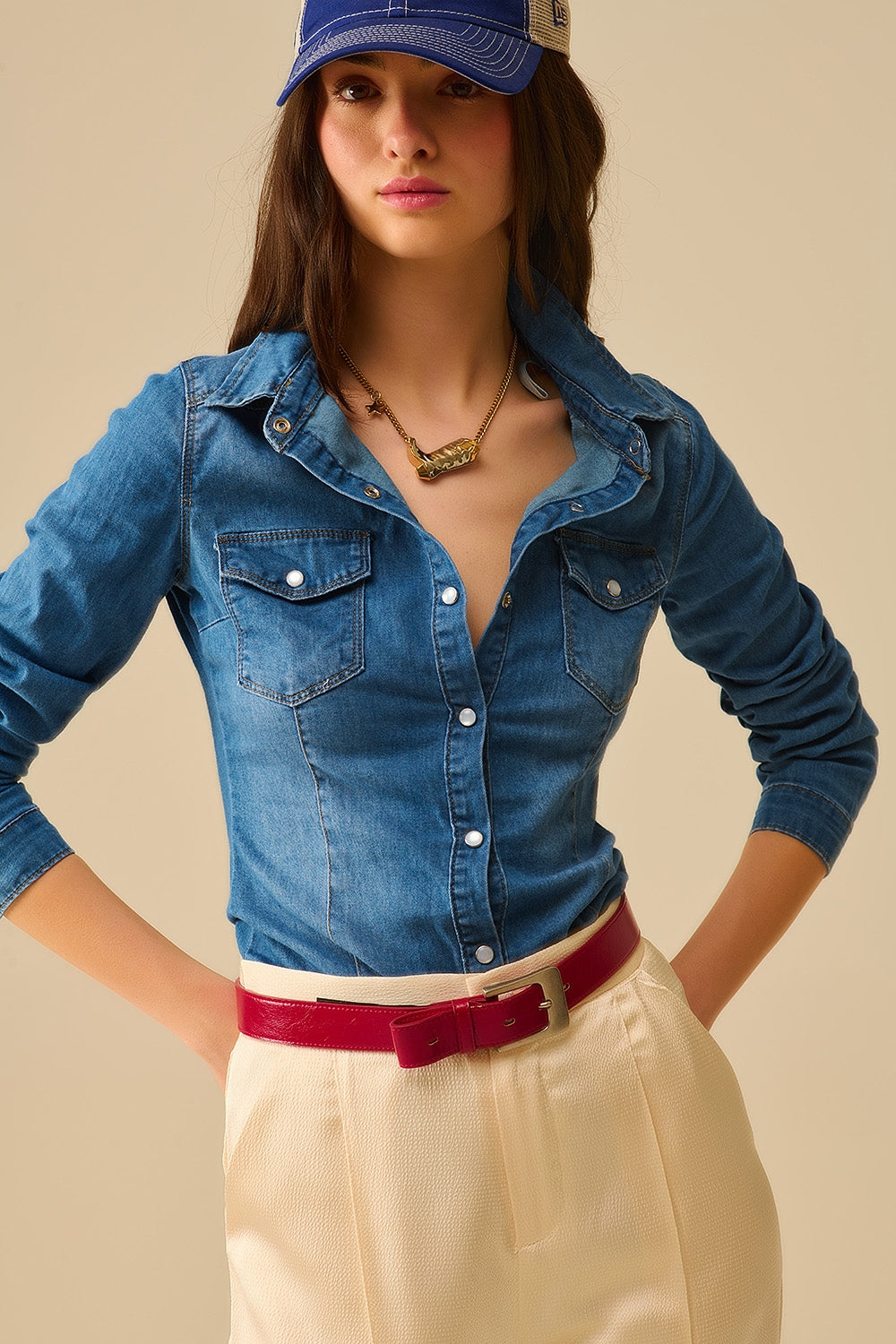 Fitted Stretch Denim Shirt With Chest Pockets