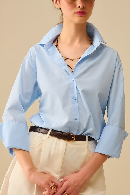 Blue poplin shirt with extra-wide cuffs