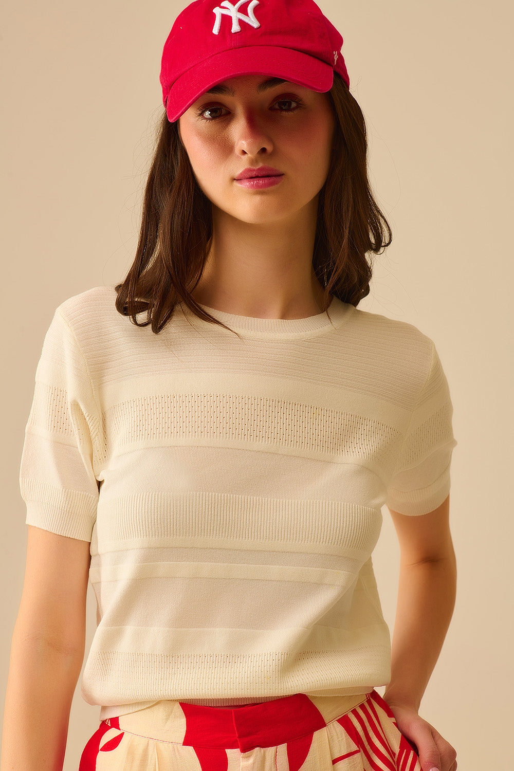Textured Stripe Knit Sweater in White