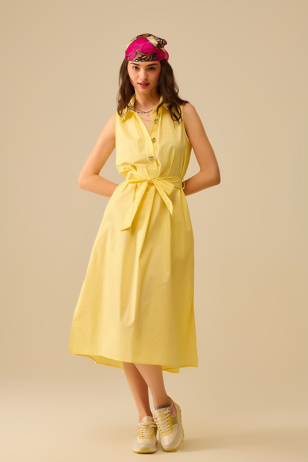 UNIKCOSA Yellow poplin midi dress with silver heart-shaped buttons