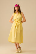 UNIKCOSA Yellow poplin midi dress with silver heart-shaped buttons