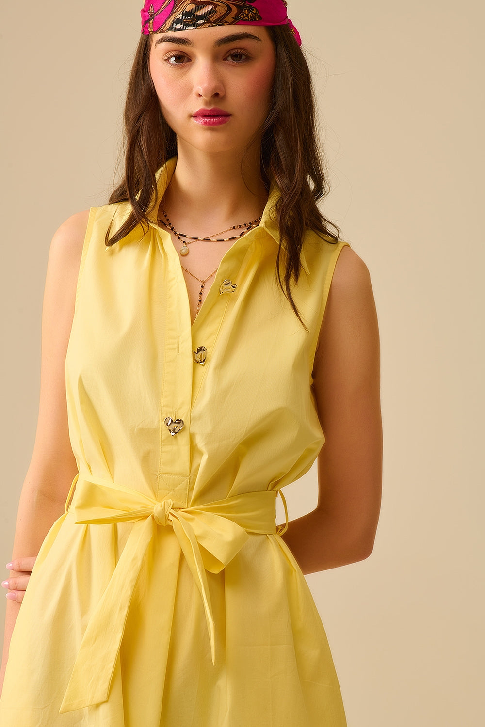 UNIKCOSA Yellow poplin midi dress with silver heart-shaped buttons