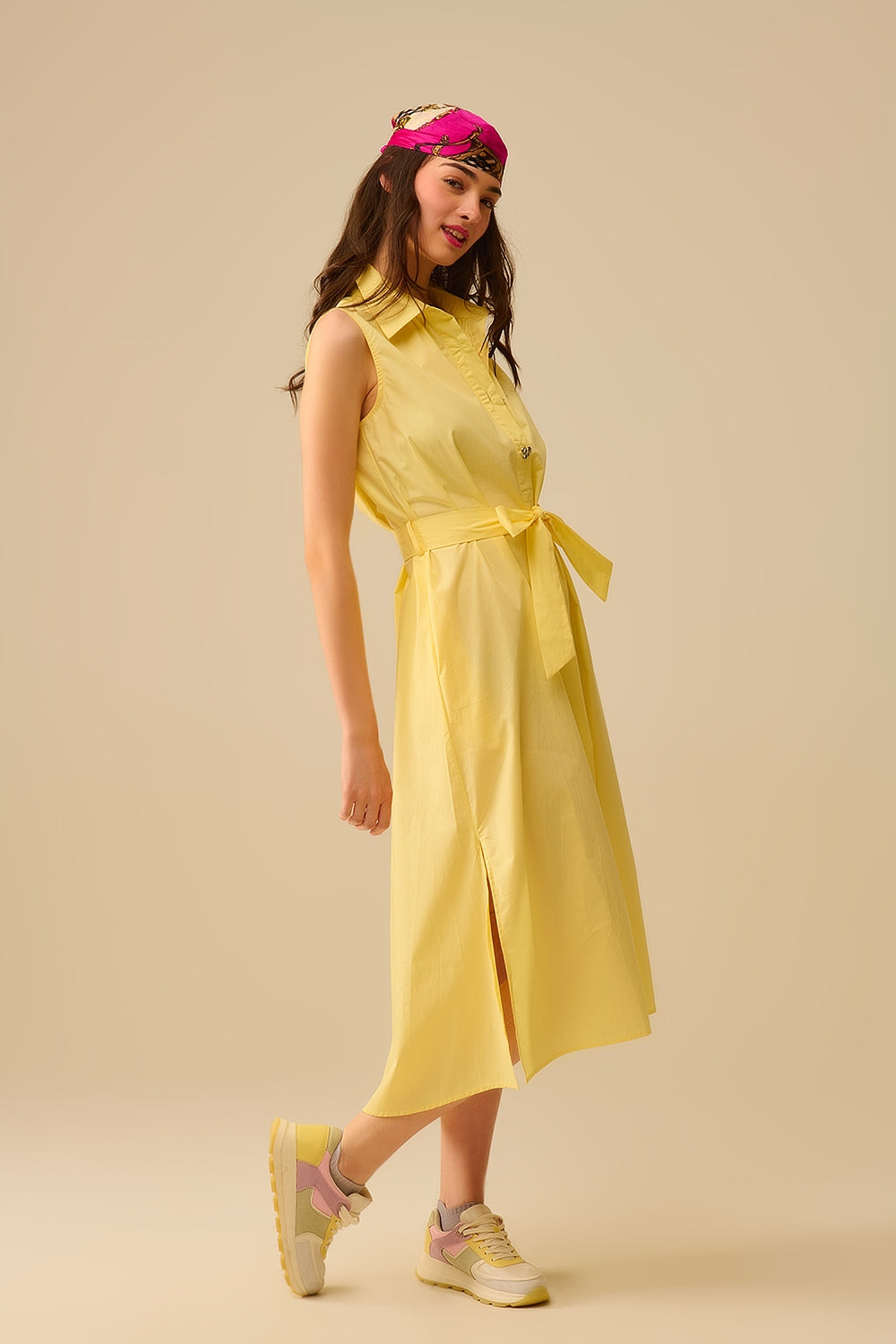 UNIKCOSA Yellow poplin midi dress with silver heart-shaped buttons