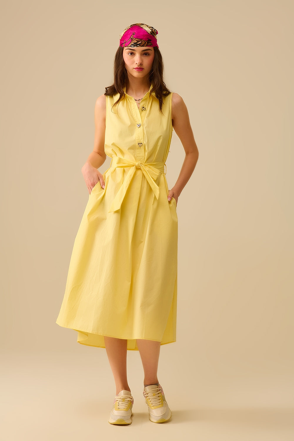 UNIKCOSA Yellow poplin midi dress with silver heart-shaped buttons